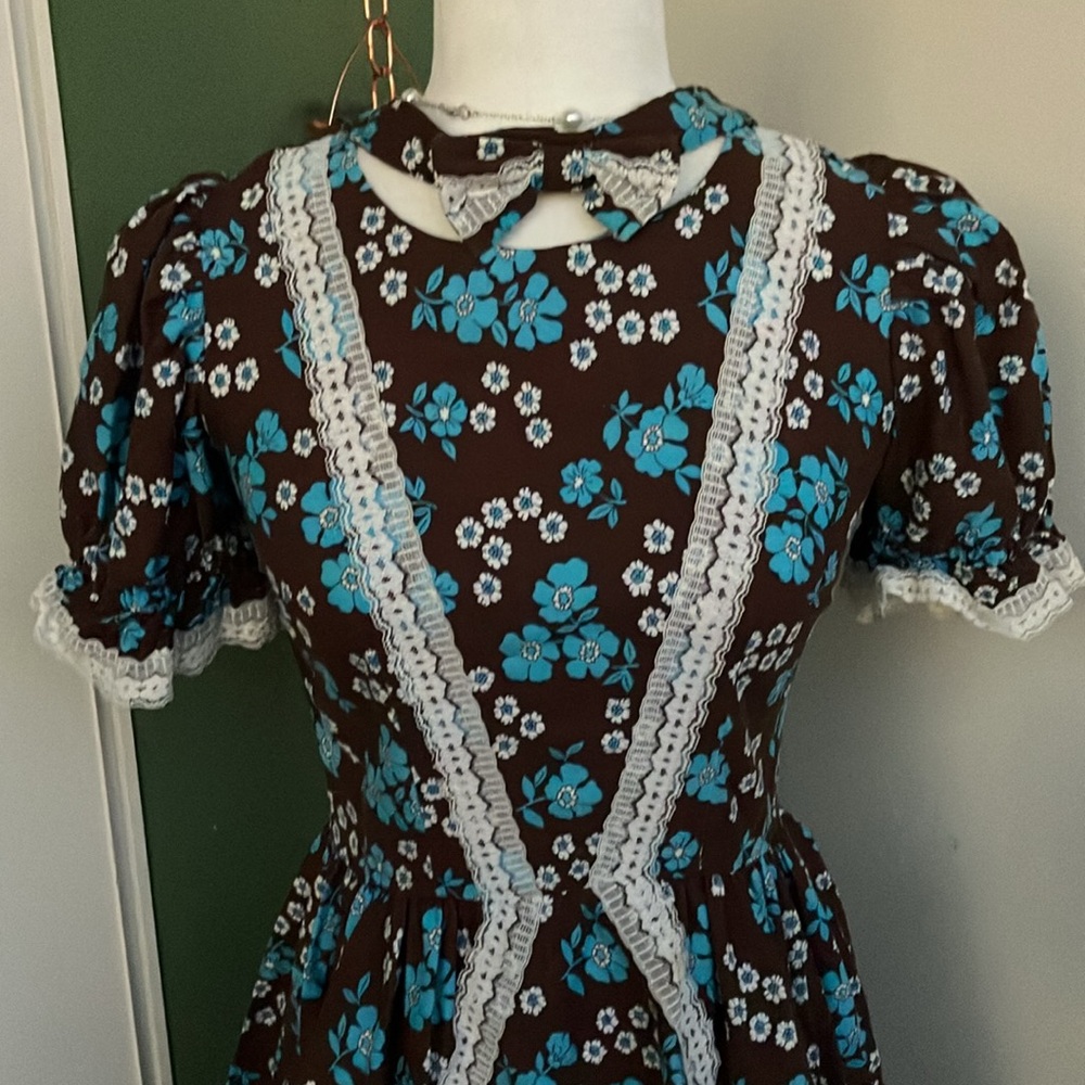 Vintage 60s 70s Brown and Blue Floral Square Dance Dress - Picture 2 of 9